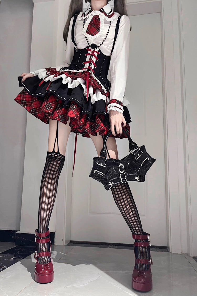 BXOXO Red/White/Black Multi-layer Ruffle Opera Rock Girl Gothic Lolita Strap Dress Set