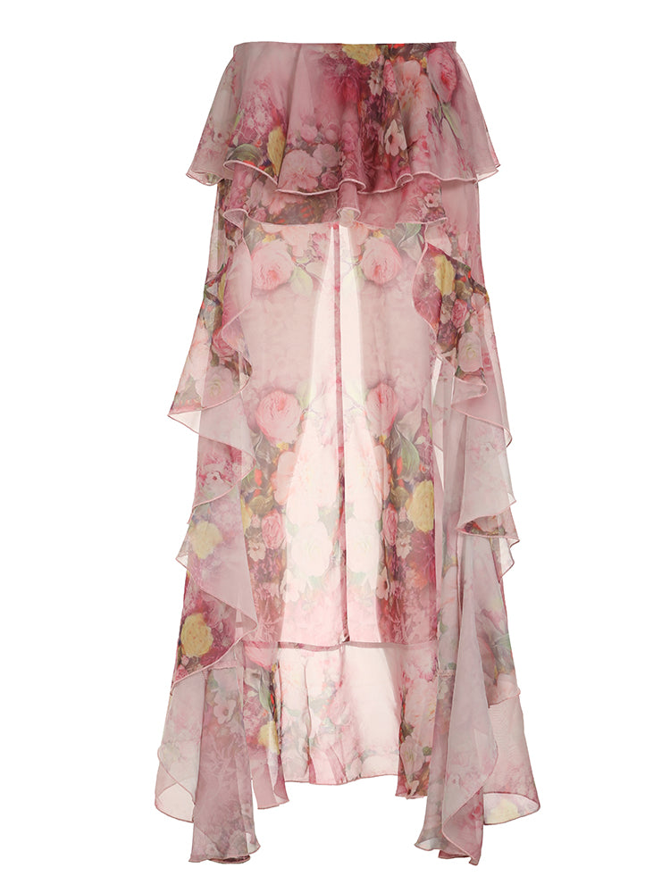 BXOXO - summer inspo Sweetown Beach Boho Floral Print Chiffon Ruffled Skirt Women Asymmetrical Dipped Hem Pink Romantic Elegant Sexy Vacation Skirts