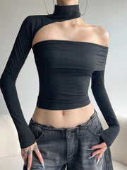 BXOXO [1pc Off-Shoulder T-Shirt] 1pc SassyGals Sexy Asymmetric Off-Shoulder T-Shirt for Women - Knit Polyester, Short Length, Solid Color, Slim Fit, Spring/Summer Fashion Top