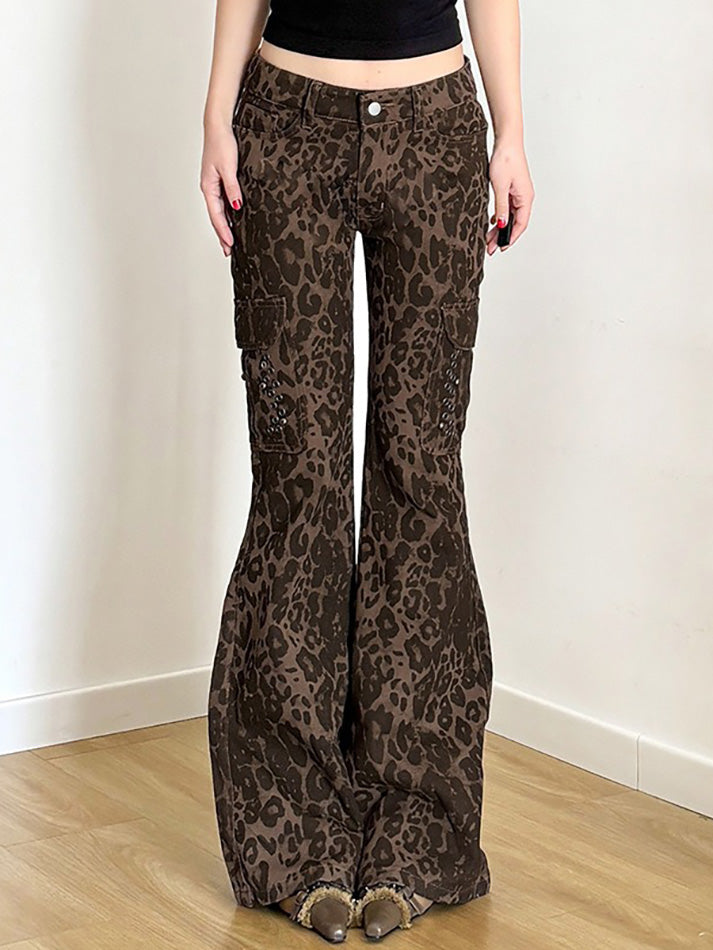 BXOXO - Vintage Leopard Print Multi-Pocket Flared Jeans