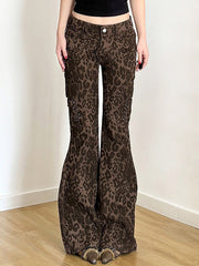 BXOXO - Vintage Leopard Print Multi-Pocket Flared Jeans