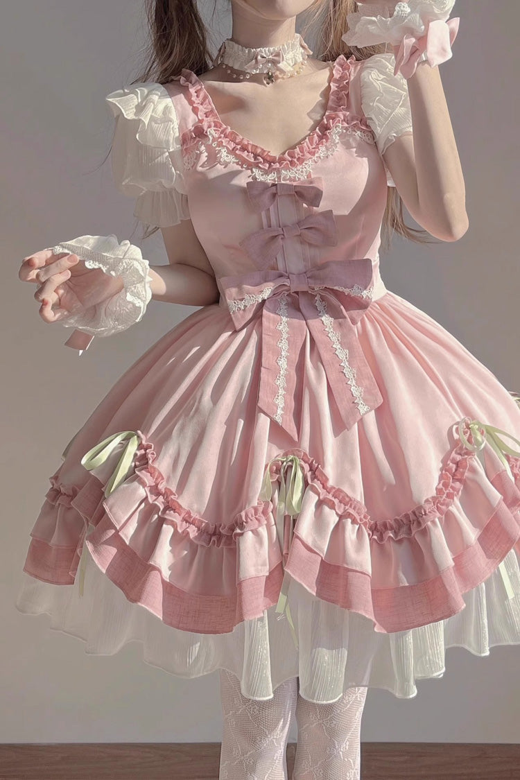 BXOXO - White/Pink Short Sleeves Ruffle Bowknot Princess Sweet Lolita OP Dress