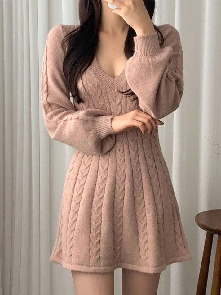 V Neck Long Sleeve Sweater Dress