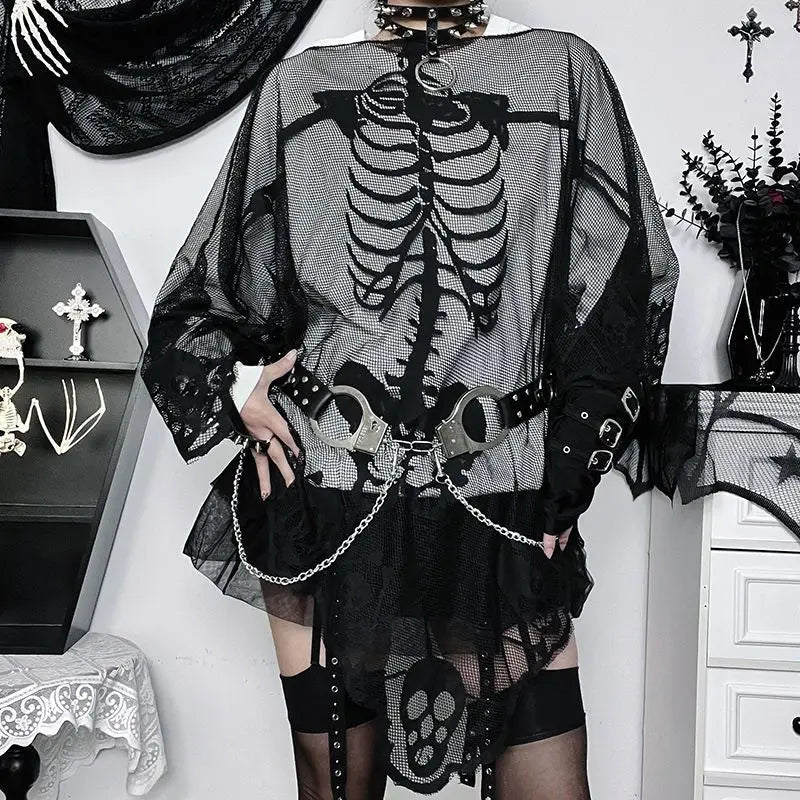 BXOXO Skulls Streetwear Punk Loose Mesh Tops Gothic Girl Emo T shirts Casual Hip Hop Dark Grunge Vintage Clothes 90S Aesthetic Y2k Tee