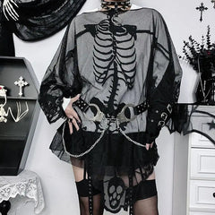 BXOXO Skulls Streetwear Punk Loose Mesh Tops Gothic Girl Emo T shirts Casual Hip Hop Dark Grunge Vintage Clothes 90S Aesthetic Y2k Tee