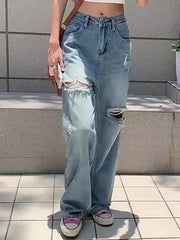 Vintage Wash Loose Ripped Jeans