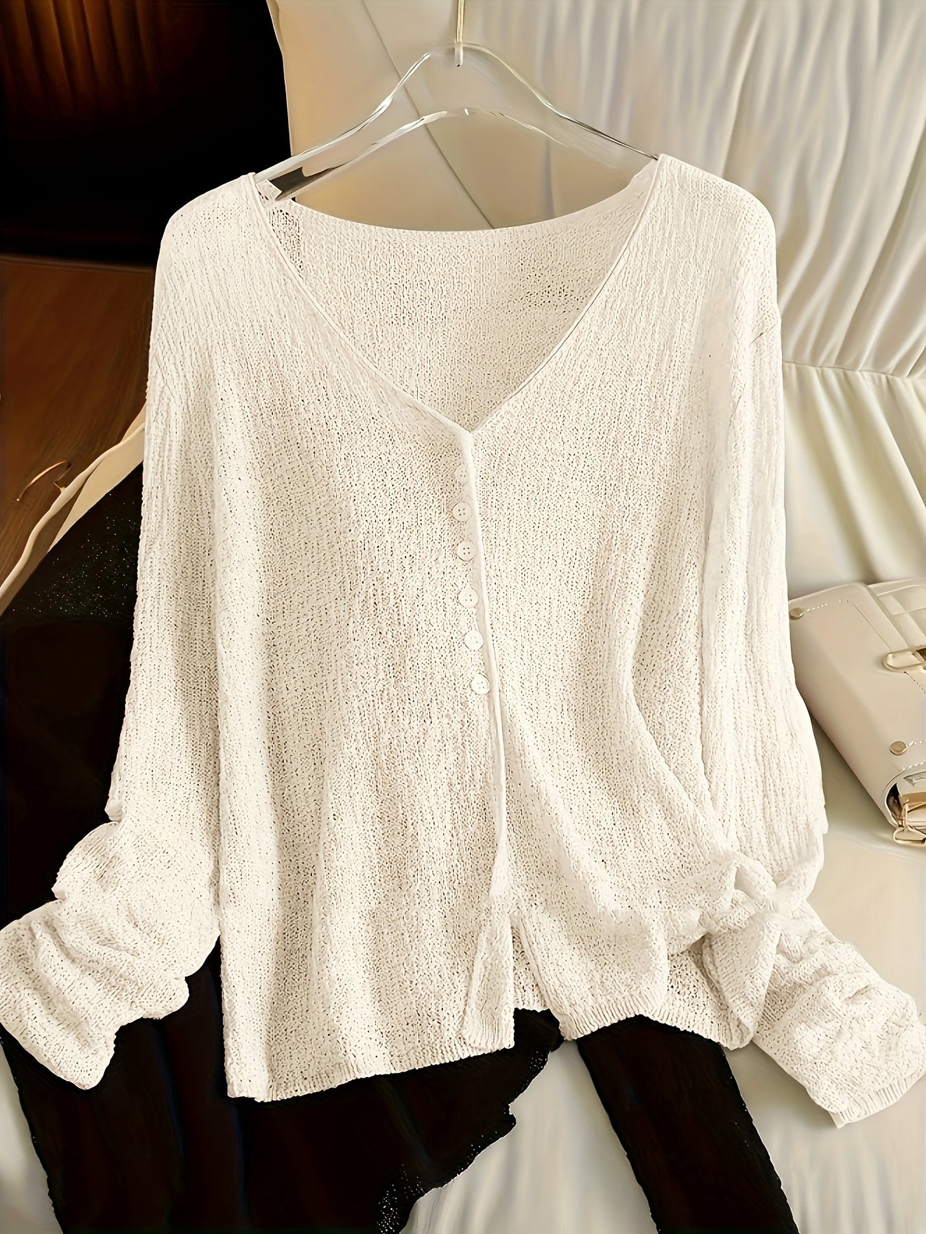 BXOXO Chic Lightweight V-Neck Knit Cardigan - Sheer Summer Shawl with Long Sleeves, Polyester Blend, Perfect for Spring/Summer/Fall, Women’s Casual & Sexy Style, Spring Outerwear | Elegant Open Front | Glossy Knit Fabric