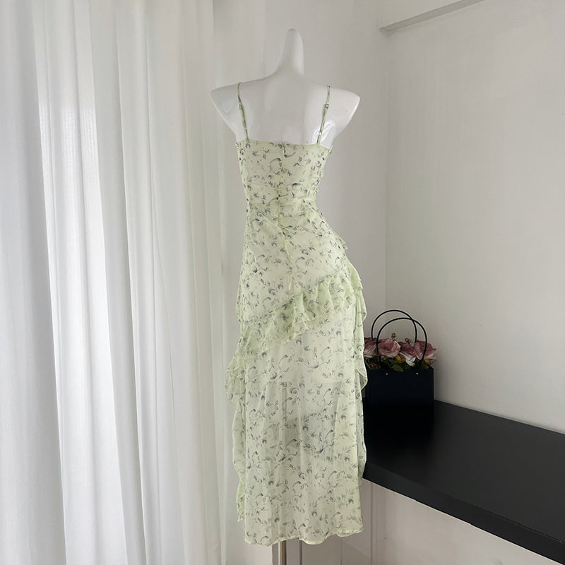 BXOXO - summer inspo Summer Dress 2025 Women Green Floral Print Sling Dress Irregular Design Female V Neck Sleeveless Dress Vestido