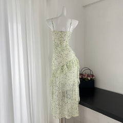 BXOXO - summer inspo Summer Dress 2025 Women Green Floral Print Sling Dress Irregular Design Female V Neck Sleeveless Dress Vestido