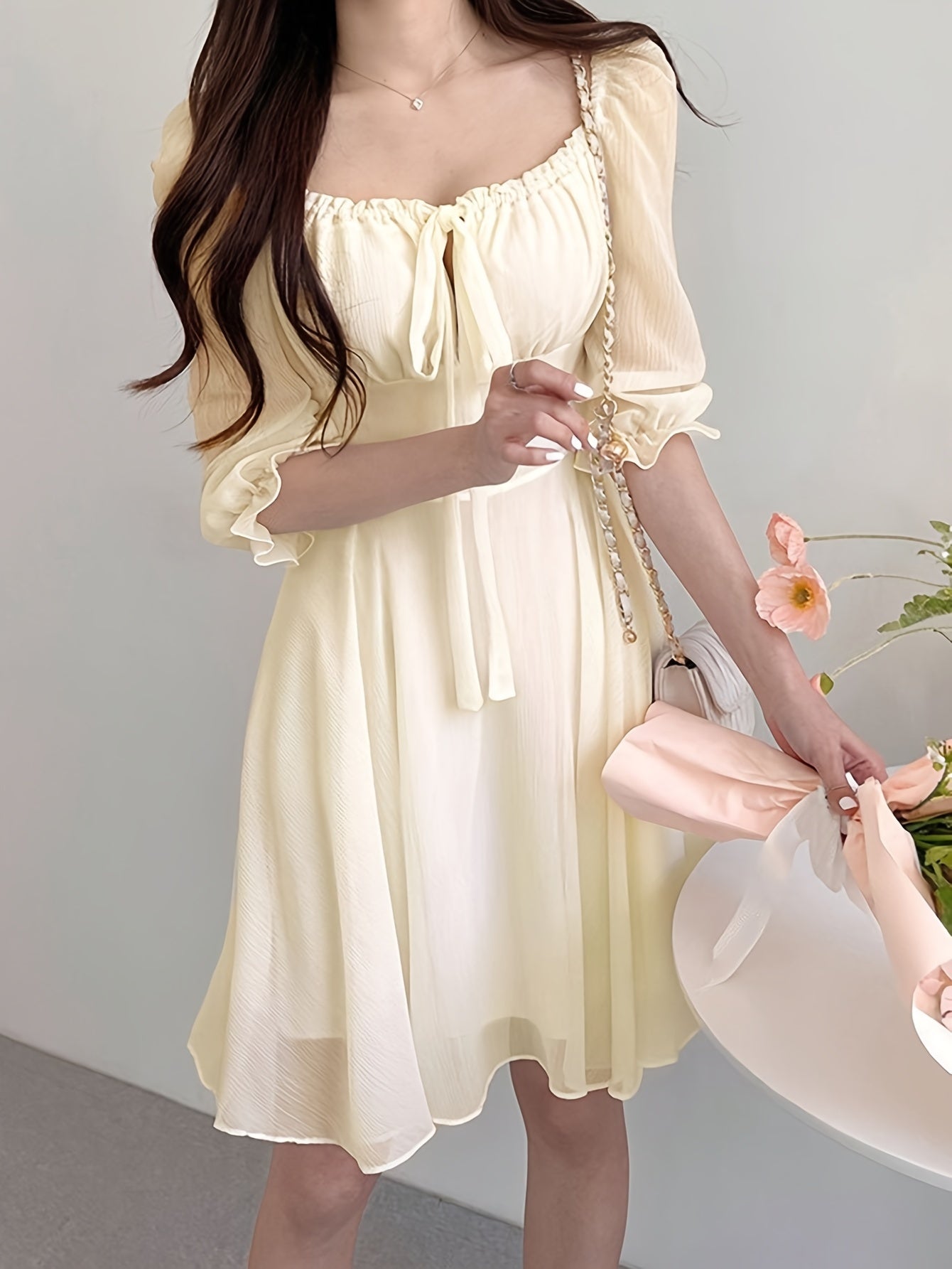 BXOXO Solid Color Square Neck Dress, Elegant Short Sleeve Tie Waist A-line Flowy Dress for Spring & Summer, Women's Clothing