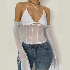 Tie Back Mesh See-through off Shoulder Halter Top