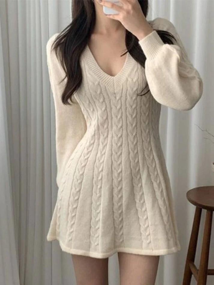 V Neck Long Sleeve Sweater Dress