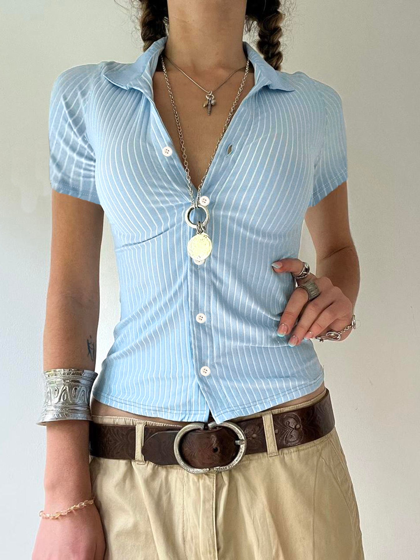 BXOXO - summer inspo Sweetown Blue Stripe Short Sleeve Shirts For Women Button Up Turn Down Collar Slim Simple Casual Preppy Tops Basic Summer Tees