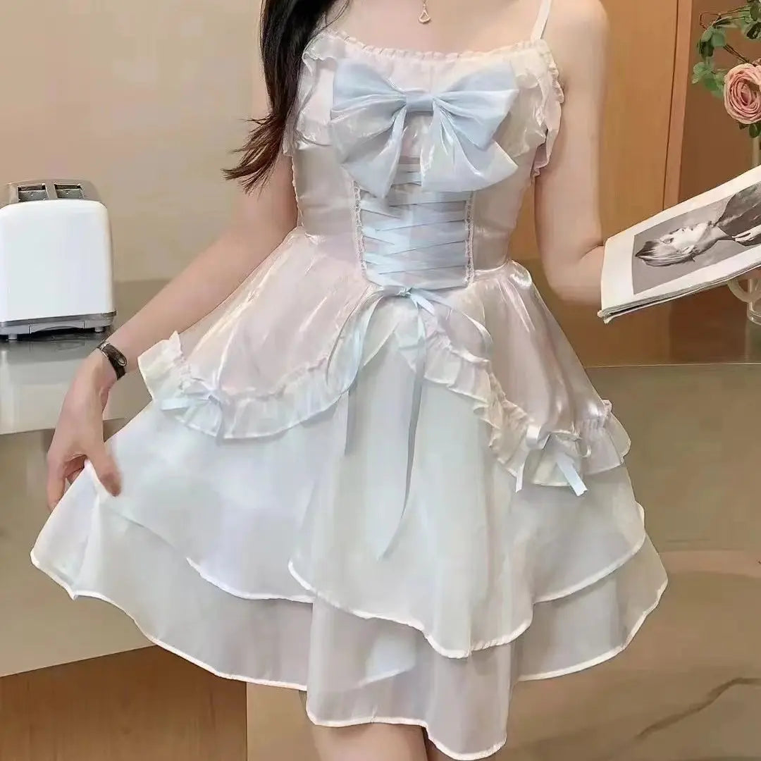 BXOXO Bow Sweet Lolita Girl Dress Women Clothing Korea Cute Bandage Sling Beach Dress Kawaii Summer Pulls Sexy Clothes Femme Dresses