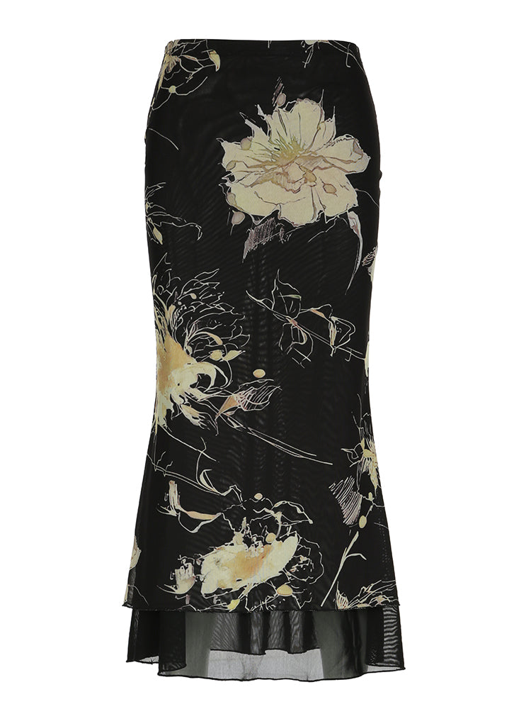 BXOXO - summer inspo Floral Print Two Layers Mesh Long Skirts For Women Vintage Elagant Fashion Low Waist Y2K Mermaid Skirt Vacation