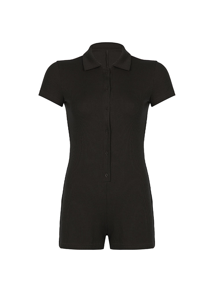 BXOXO - summer inspo Solid Button Up Turn Down Collar Short Sleeve Slim Ribbed Rompers Womens Playsuit Basic Vintage Casual Summer Shirts