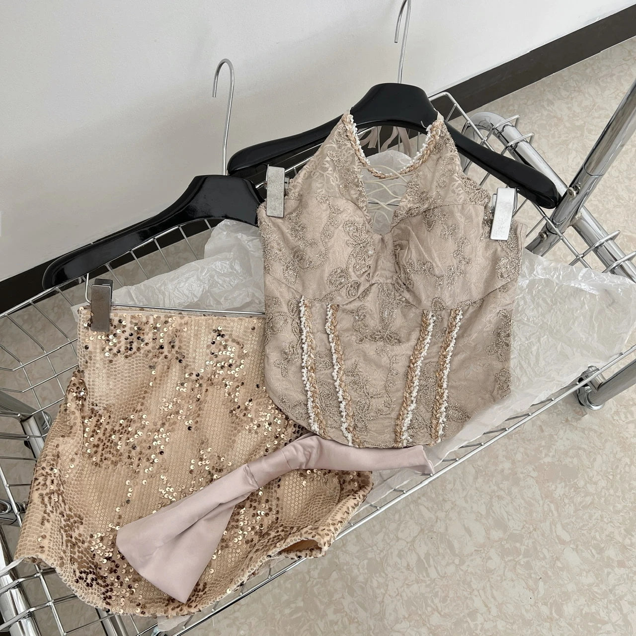 BXOXO Summer French Sexy Seductive Hot Girl 2 Piece Set Women Lace Slim Halter Top+Sequins Mini Bag Hip Skirts Nightclub Fashion Suit