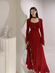 BXOXO party look inspos Spring Red Vintage Elegant Dress Women Flare Sleeve Designer Sweet Long Dress Female Ruffles Retro Princess Irregular Dress