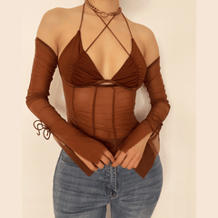 Tie Back Mesh See-through off Shoulder Halter Top