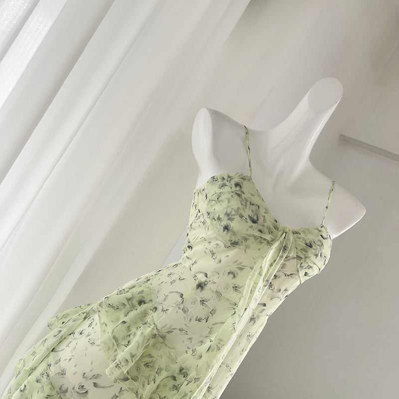 BXOXO - summer inspo Summer Dress 2025 Women Green Floral Print Sling Dress Irregular Design Female V Neck Sleeveless Dress Vestido