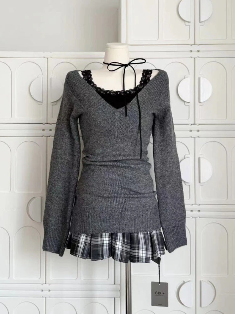 BXOXO Vintage V-neck Woman Sweater Sexy Coquette Gray Long Sleeve Knitwears Pullovers Preppy Style 2000s Aesthetic Sweaters