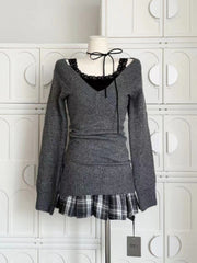 BXOXO Vintage V-neck Woman Sweater Sexy Coquette Gray Long Sleeve Knitwears Pullovers Preppy Style 2000s Aesthetic Sweaters
