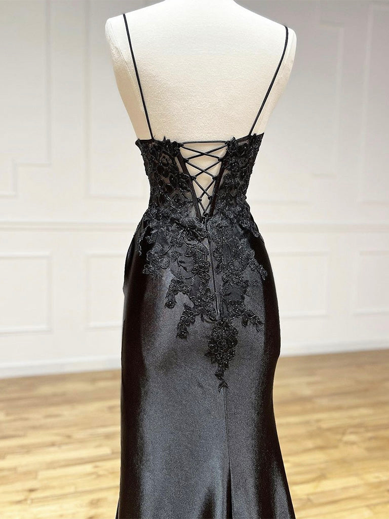 BXOXO Black V Neck Satin Lace Long Prom Dress, Black Lace Long Evening Dress