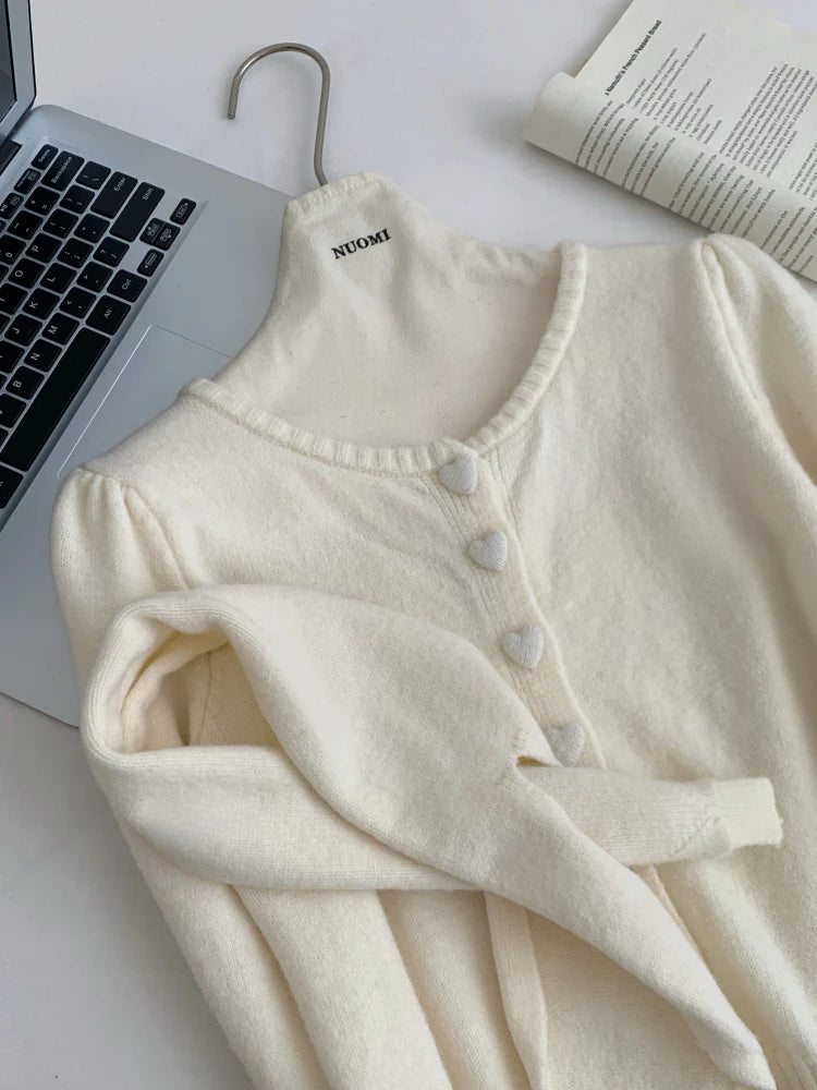 BXOXO Autumn Korean Gentle Elegant Loose 3 Piece Set Women Knitt Heart Button Cardigan+Scarf+Elastic Waist Pleated Skirts Casual Suit