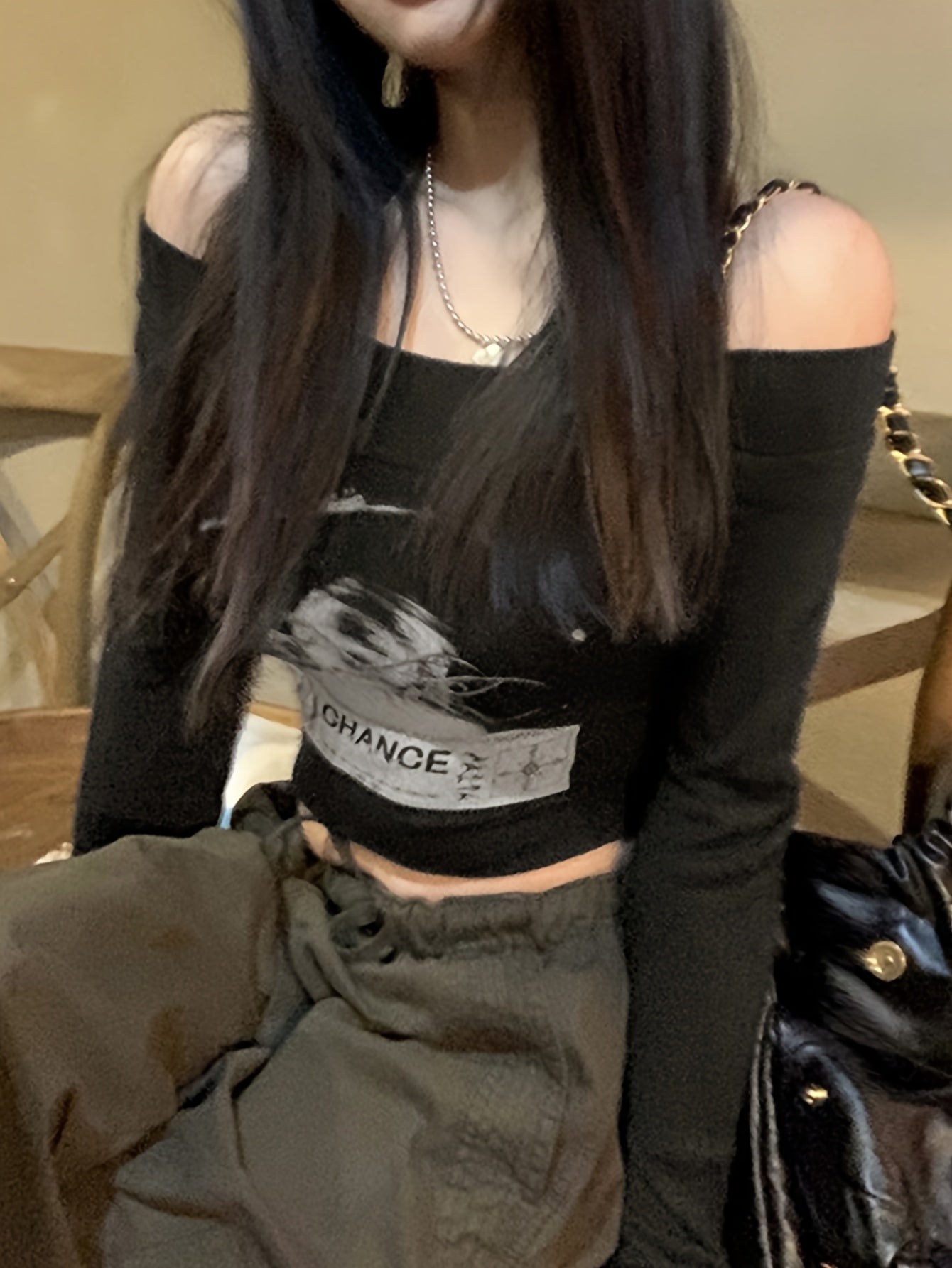 BXOXO Y2K Off Shoulder Long Sleeve Slim Crop Graphic Print T-shirt - Women's Clothing
