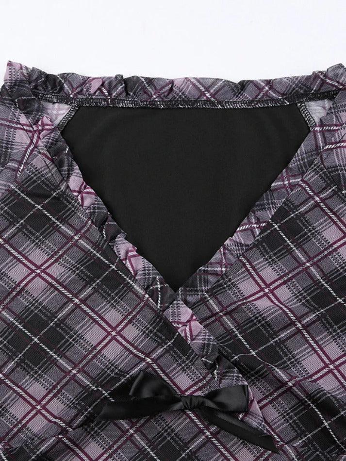 V Neck Plaid Mesh Bow Decor Long Sleeve Tee