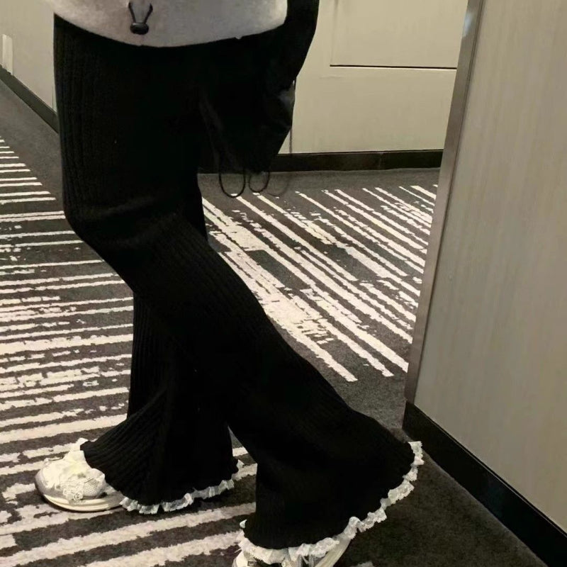 BXOXO party look inspos Deeptown Vintage Gray Lace Flare Pants Women Harajuku Elastic Waist Korean Fashion Knit Trousers Slim Solid Color Winter Casual