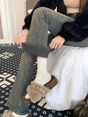Vintage Distressed Elastic Flare Jeans