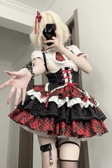 BXOXO Red/White/Black Multi-layer Ruffle Opera Rock Girl Gothic Lolita Strap Dress Set