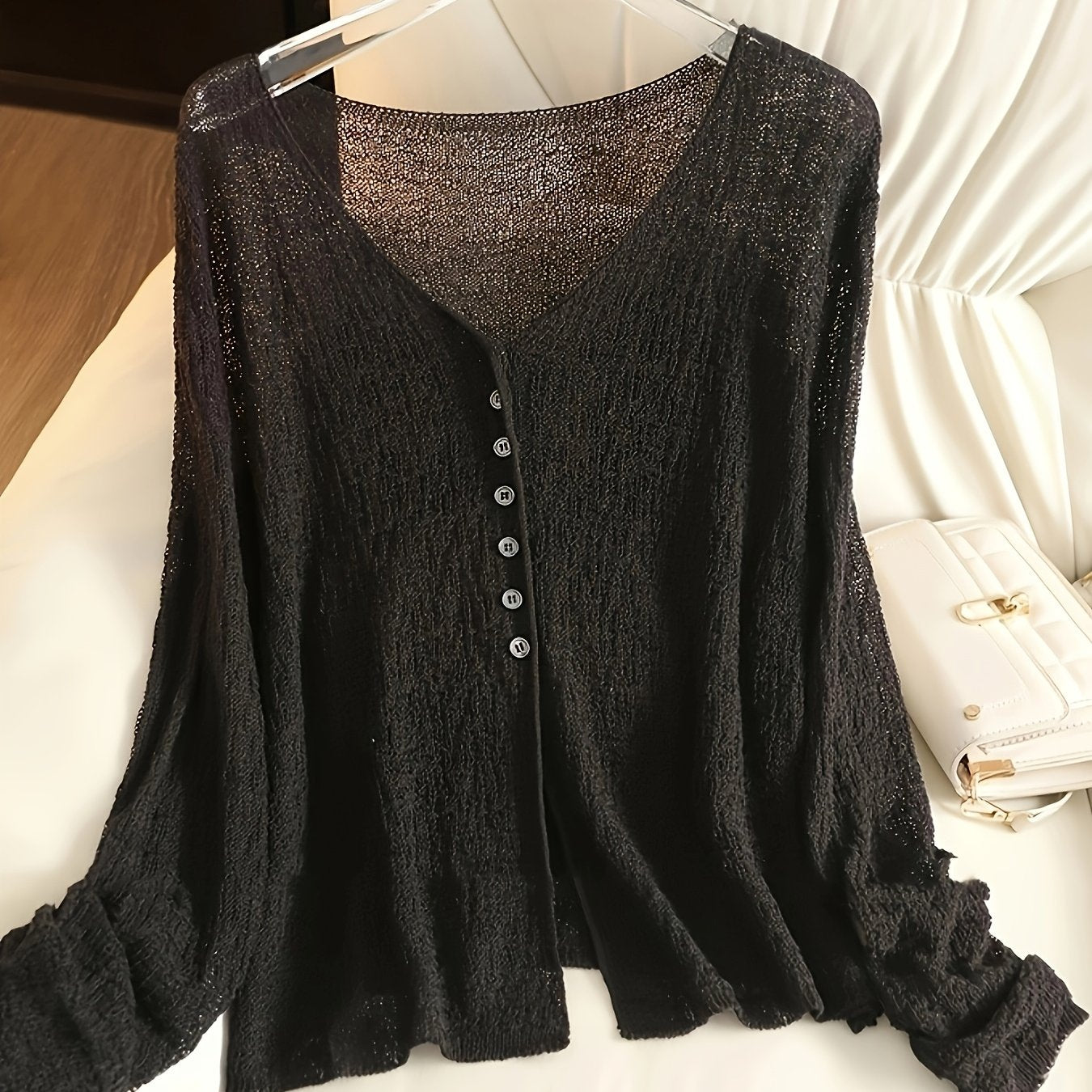 BXOXO Chic Lightweight V-Neck Knit Cardigan - Sheer Summer Shawl with Long Sleeves, Polyester Blend, Perfect for Spring/Summer/Fall, Women’s Casual & Sexy Style, Spring Outerwear | Elegant Open Front | Glossy Knit Fabric