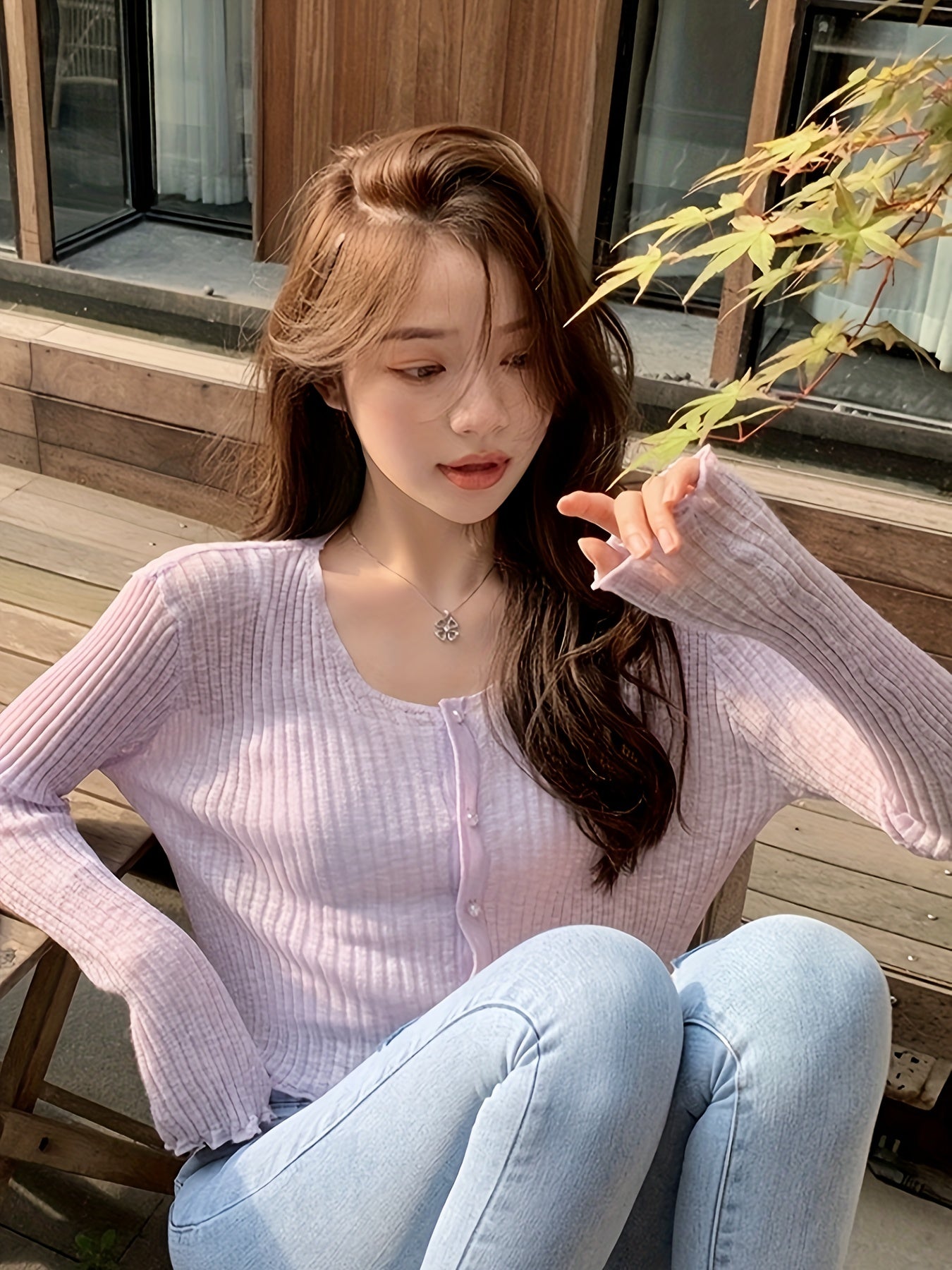 BXOXO Chic Long Sleeve Crop Cardigan - Soft Solid Color, Button Front, Thin, Lettuce Trim, Stylish for Spring & Summer - Women's Fashion Clothing for Everyday Wear