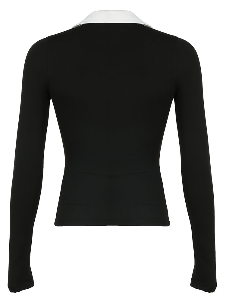 BXOXO - summer inspo Sweetown Contrast Binding U Neck Slim Basic Long Sleeve Tees Black Bow Embroidery Cute Turn Down Collar Spring Autumn T Shirts