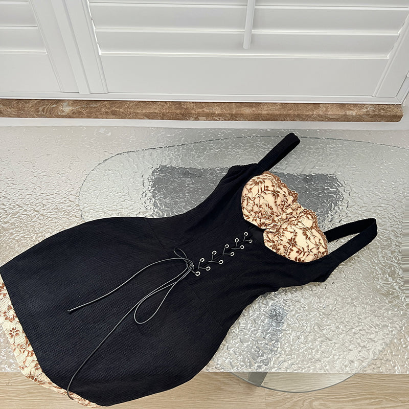 BXOXO - summer inspo French Elegant Dress Women 2025 New Lace Patchwork Suspender Dress Slimming Lace-up Midi Dress