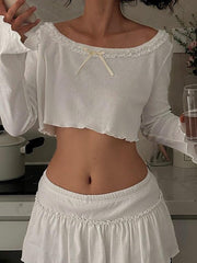 BXOXO - White Lace Trim Bow Long Sleeve Crop Top