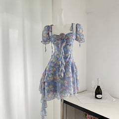 BXOXO - summer inspo Y2k Fairy Dress Women Summer Floral Halter Ribbon Irregular Ruffle Slim Short Dresses French Holiday Sweet Dress Vestidos