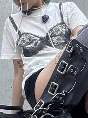 BXOXO - summer inspo Sweetown Black Lace Bra Print White Graphic T-Shirt Fashion Woman Blouse Tees O Neck Short Sleeve Casual Street Sweats Tops