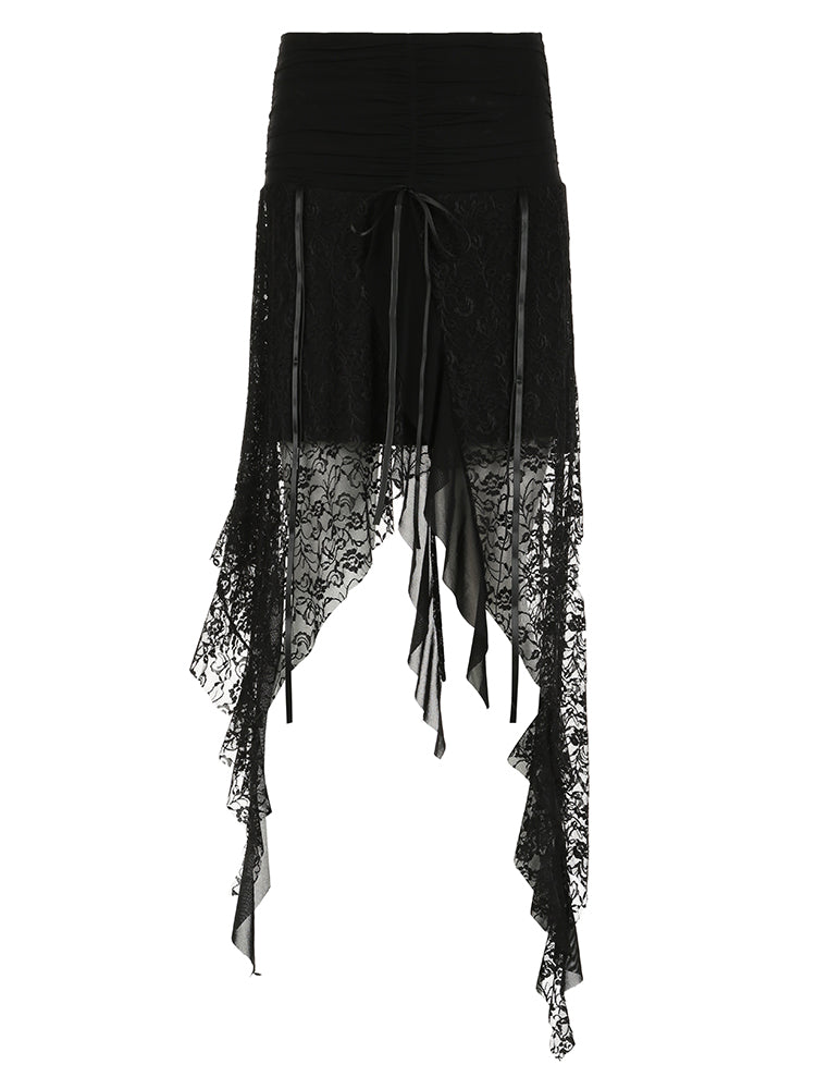 BXOXO - summer inspo Black Solid Goth Lace Midi Skirts Womens Asymmetrical Hem Chic Fashion Vacation Boho Outfits