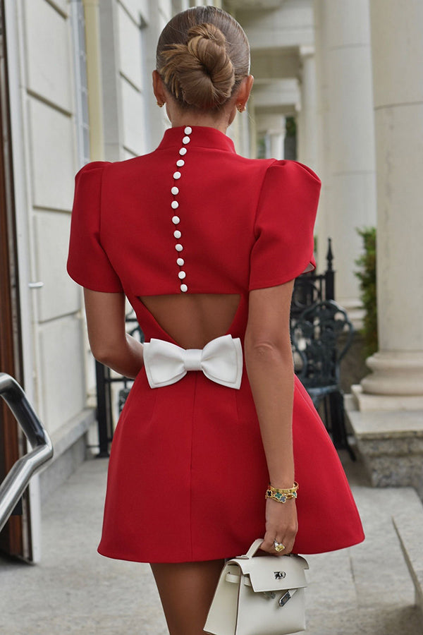 BXOXO - Sweet Moment Slit Short Sleeve Backless Removable Satin Bow Mini Dress