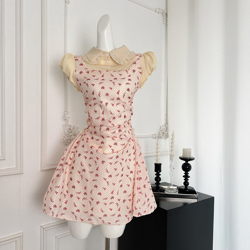 BXOXO - summer inspo Fake Two Pieces of Bow Printed Short Sleeved Dress for Women Summer New Fashion Elegant Slim Fit Mini Dresses