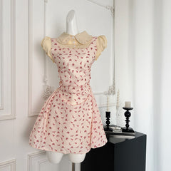 BXOXO - summer inspo Fake Two Pieces of Bow Printed Short Sleeved Dress for Women Summer New Fashion Elegant Slim Fit Mini Dresses