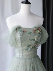BXOXO Gray Green Tulle Off Shoulder Long Prom Dress, Gray Green Formal Graduation Dresses