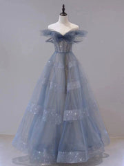 BXOXO Blue Tulle Off Shoulder Long Prom dress, Blue A line Evening Dress