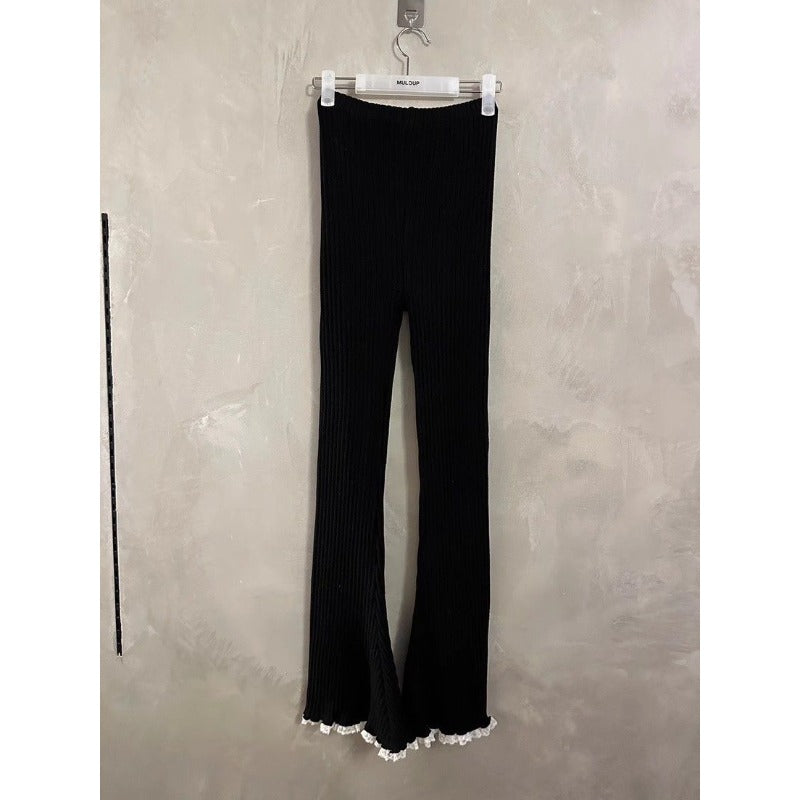 BXOXO party look inspos Deeptown Vintage Gray Lace Flare Pants Women Harajuku Elastic Waist Korean Fashion Knit Trousers Slim Solid Color Winter Casual