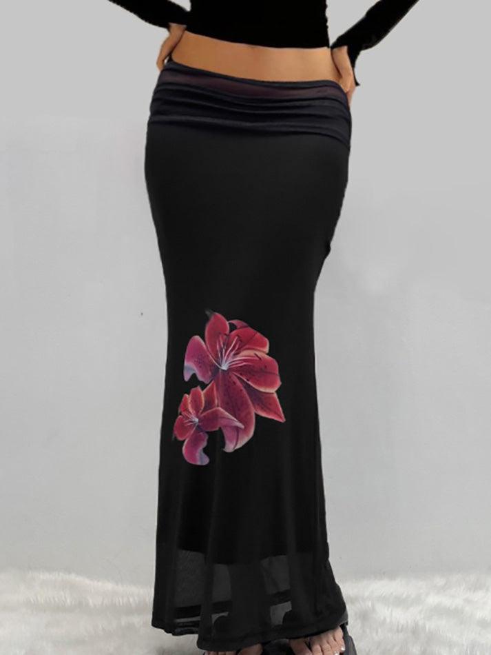 BXOXO - Vintage Floral Print Double-Layer Mesh Maxi Skirts