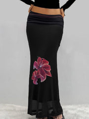 BXOXO - Vintage Floral Print Double-Layer Mesh Maxi Skirts