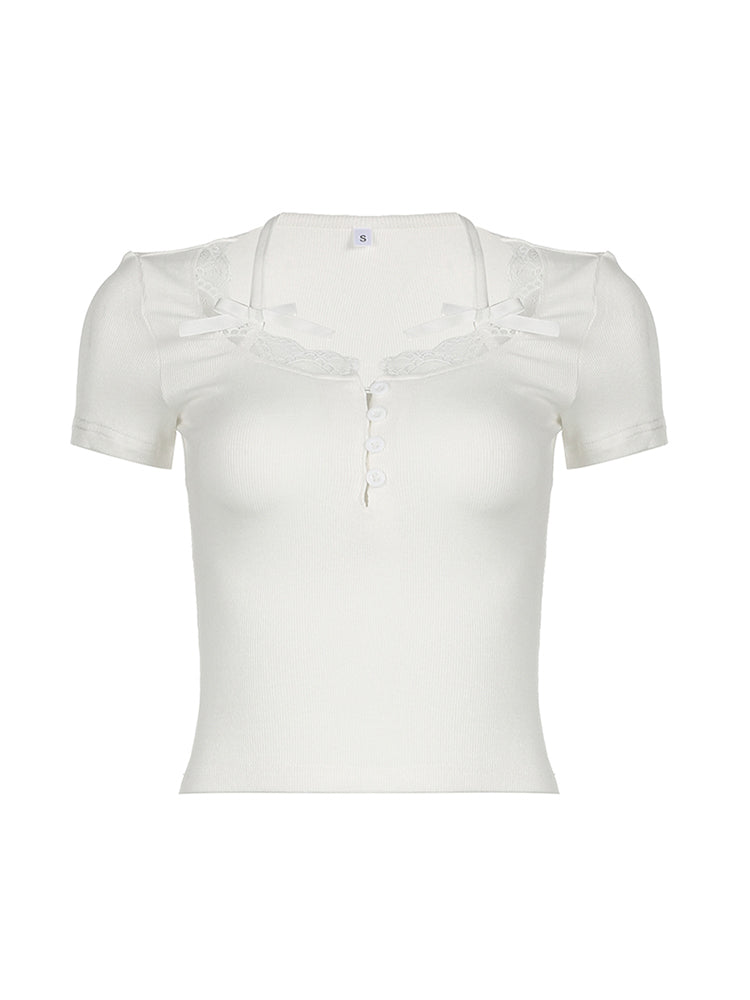 BXOXO - summer inspo Halter Neck Lace Trim Bow Cute Black Y2K T-Shirt Women Button Up Slim Short Sleeve White Tees Sweet Balletcore Clothing